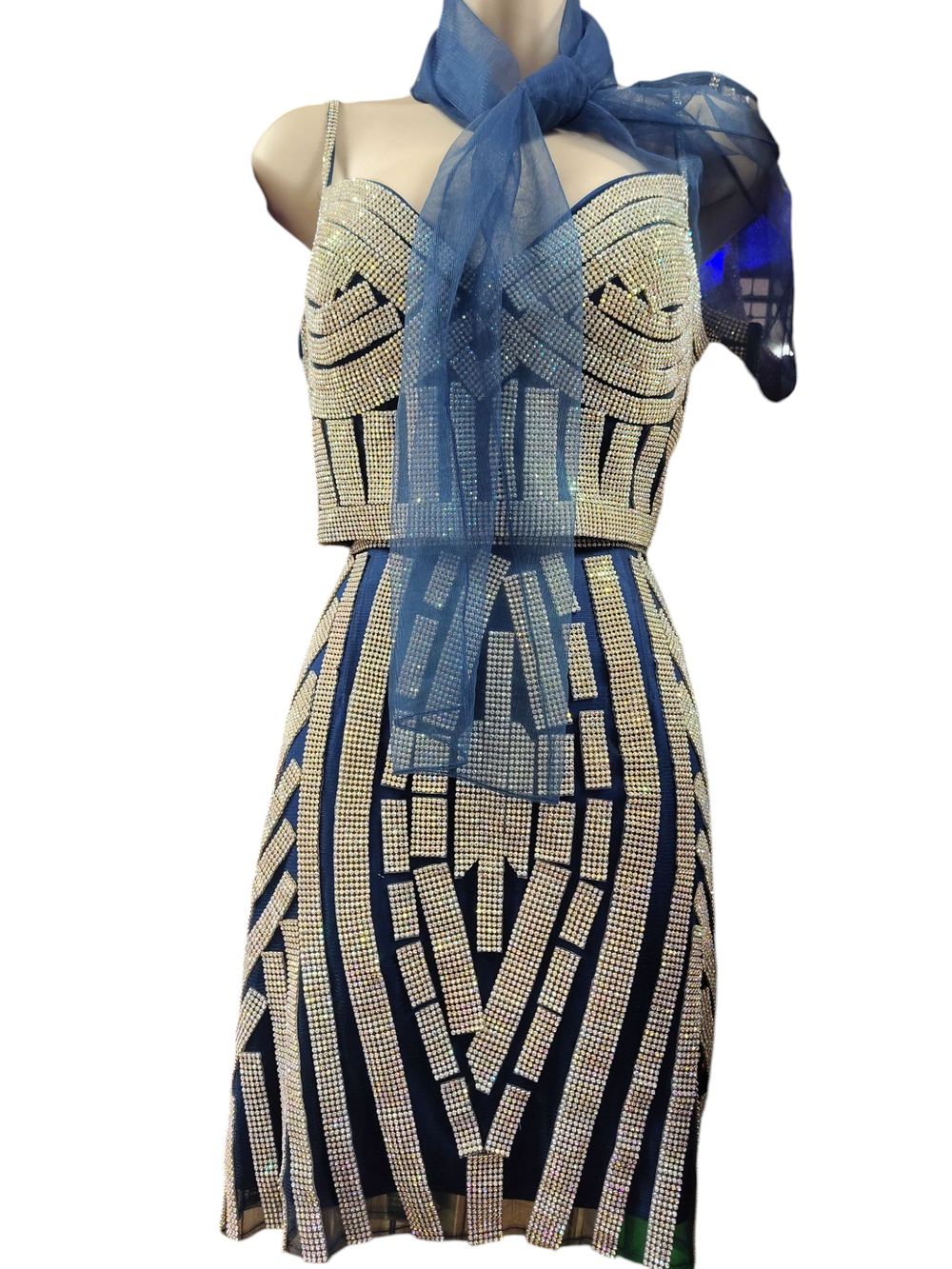 Navy rhinestone formal dress on display at Liz Fashion